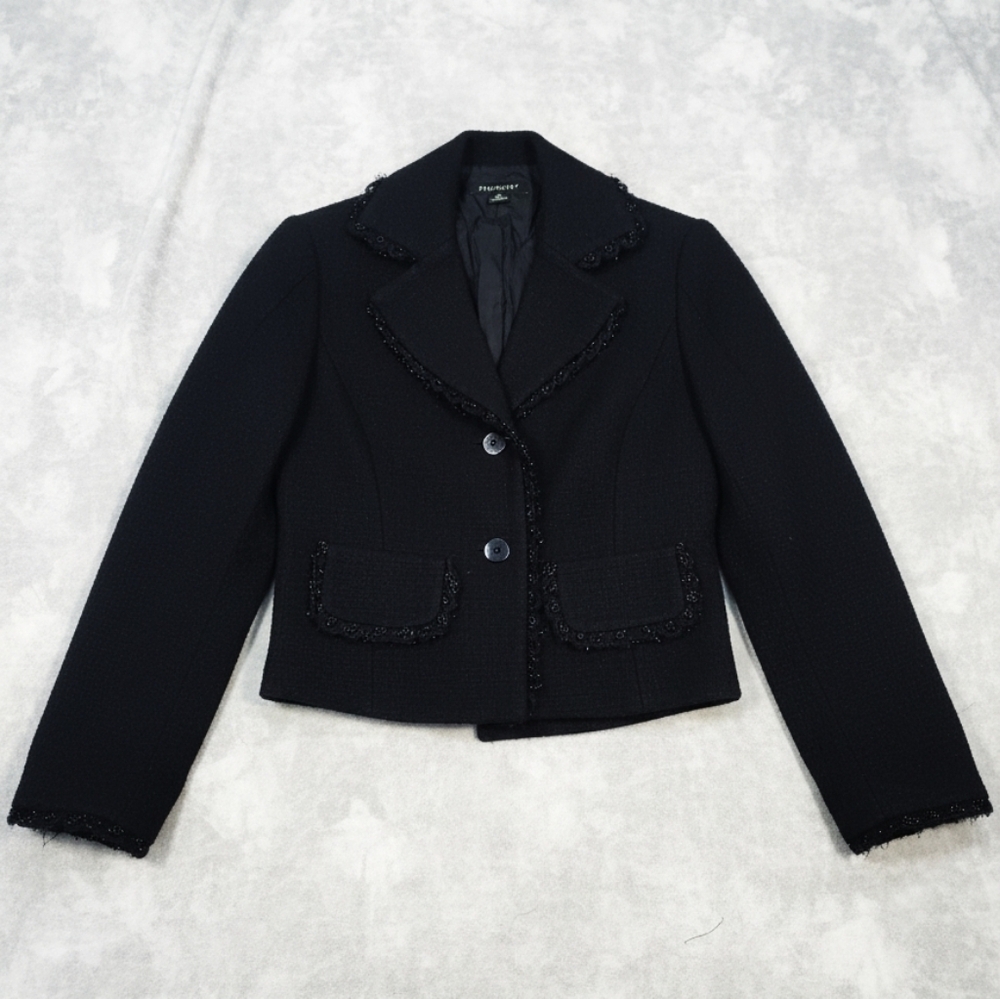 Modern Periphery Coquette Black Tweed Blazer with Textured Shimmer Trim Size 2